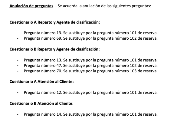 Anulación preguntas examen correos reparto y agente clasificación