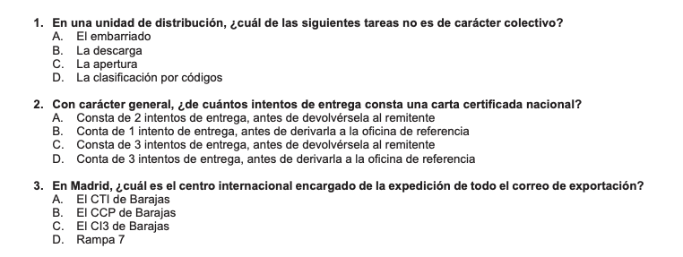 Cuestionario REP A examen correos 2023